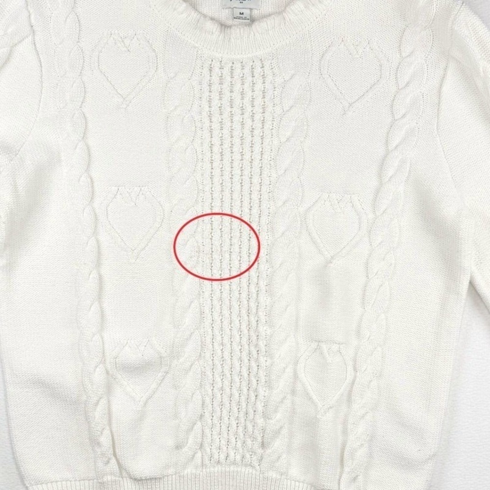 J.Crew Sweater‎ Women Medium White Heart Cable Knit Ruffle Neck Preppy Coquette - Picture 6 of 6